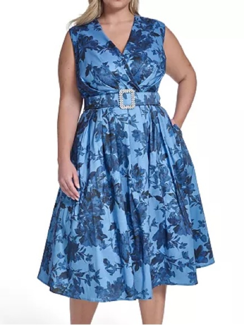 JESSICA HOWARD SLEEVELESS SURPLICE V NECK DRESS BLUE - 18W